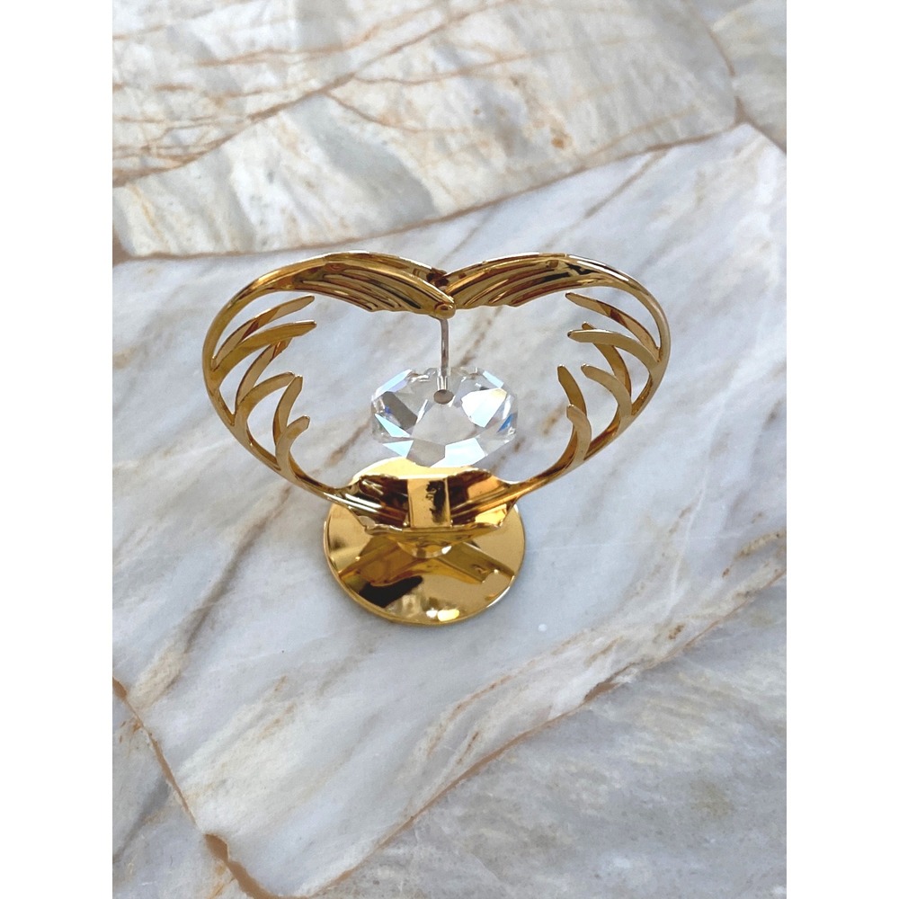 Gold Tone Heart Angel Wings Figurine with Hanging Faceted Crystal Prism‎ 2.5"